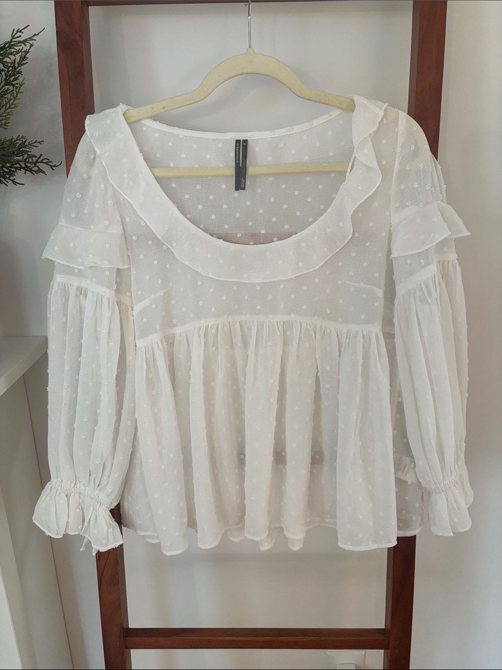 Anthropologie White Sheer Swiss Dot Ruffle Blouse